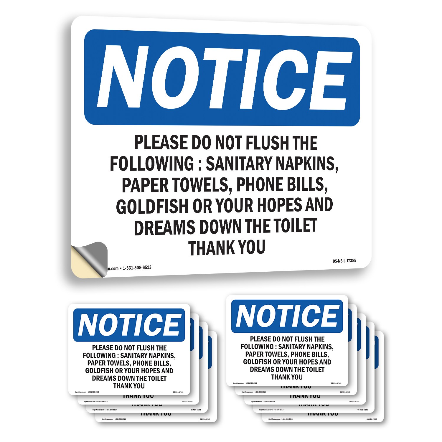 Please Do Not Flush The Following Sanitary OSHA Notice Sign, Decal 5 or 10 Pack