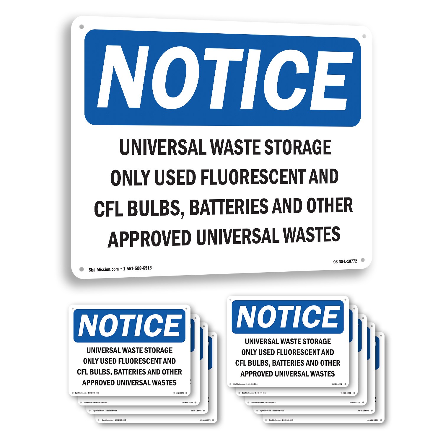 Universal Waste Storage Only Used Fluorescent OSHA Notice Sign, Decal 5/10 Pack