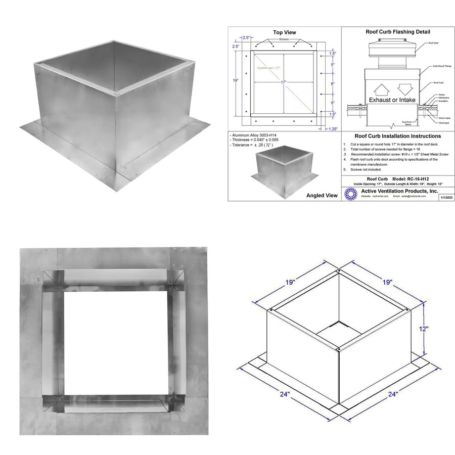 Aluminum Roof Curb Box 19″ W x 19″ L x 12″ H for Roof Vents and Attic Fans