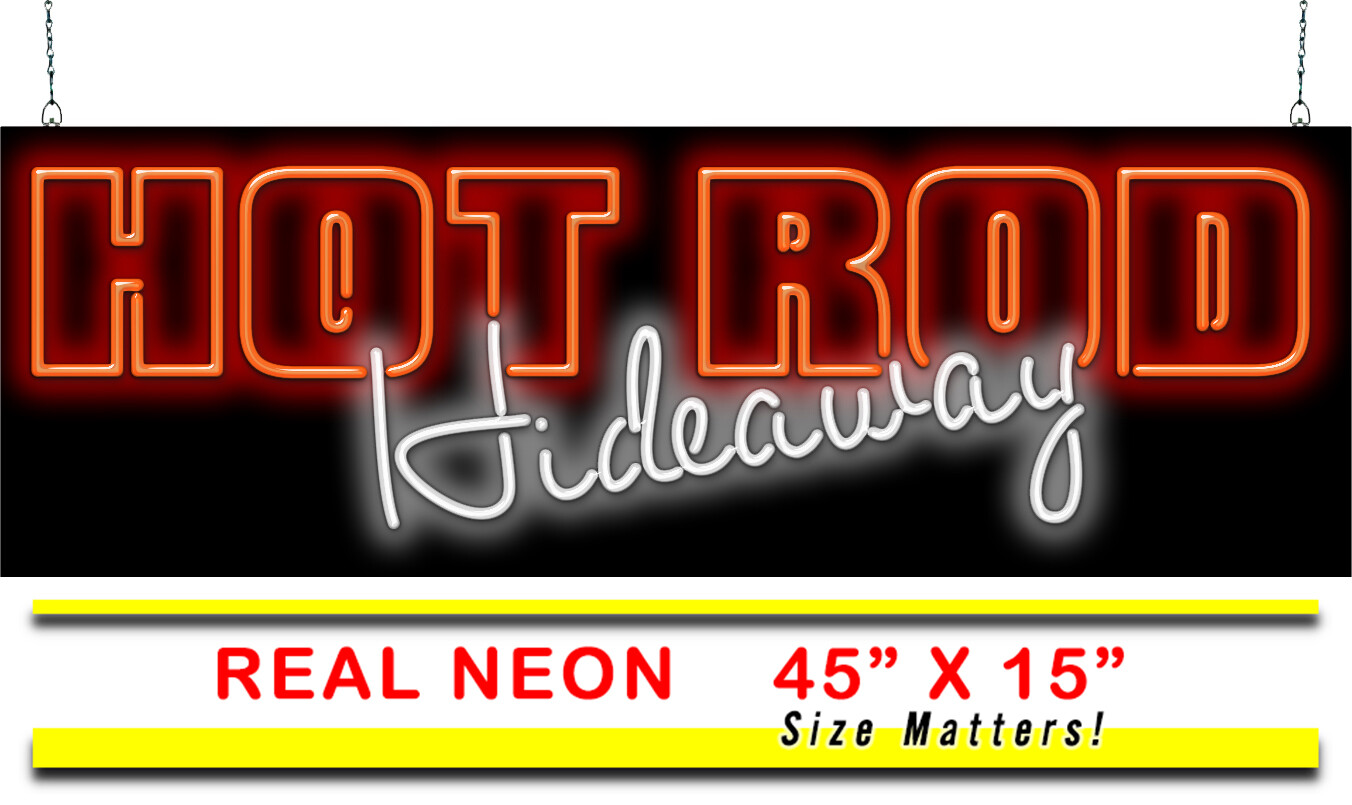 Hot Rod Hideaway Neon Sign Jantec 45″ x 15″ Bike Garage Man Cave Motorcycle