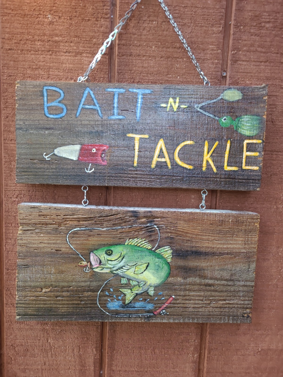 Large Wood Hanging Sign Advertising Bait Shop Fishing Tackle Store Hand Painted