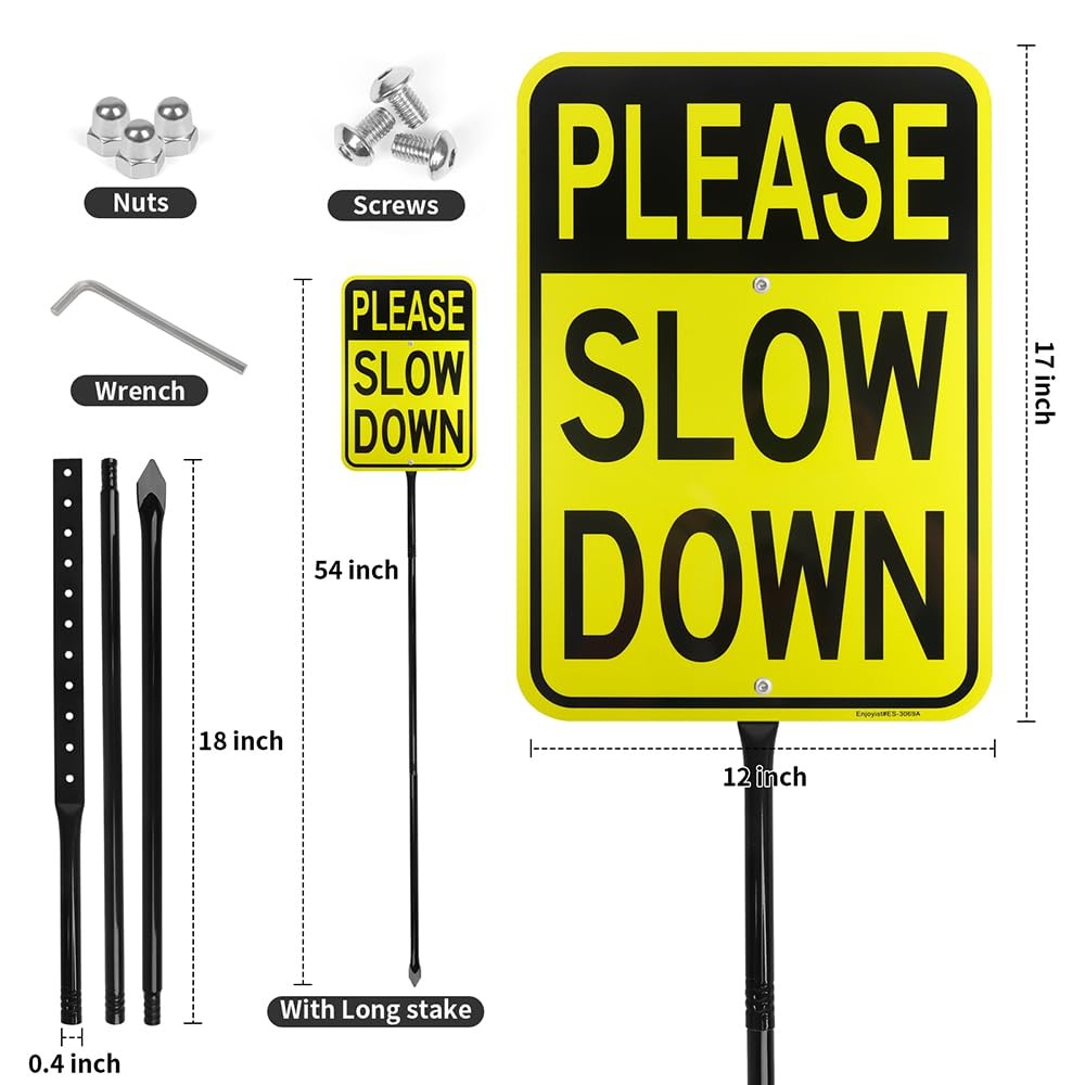 Large Please Slow Down Sign With 54 Inch Metal Stake 17×12 Aluminum Guard