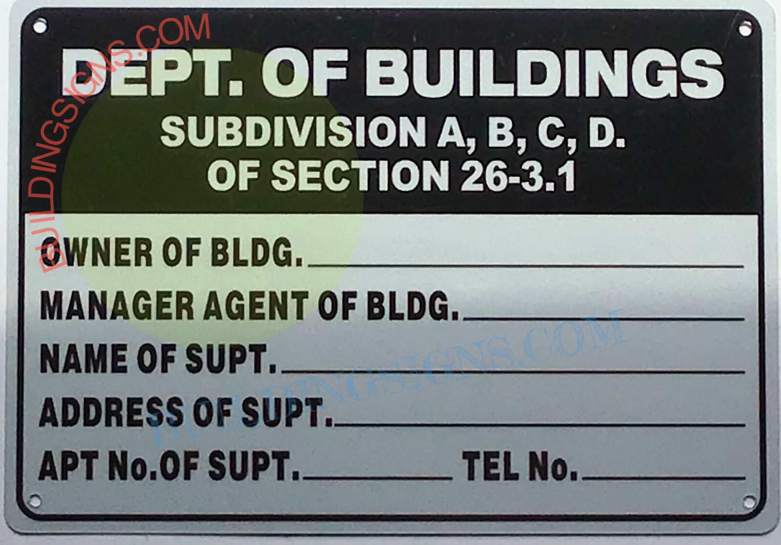 DEPT OF BUILDING SUBDIVISION ABCD SIGN (7X10, White, Aluminum)