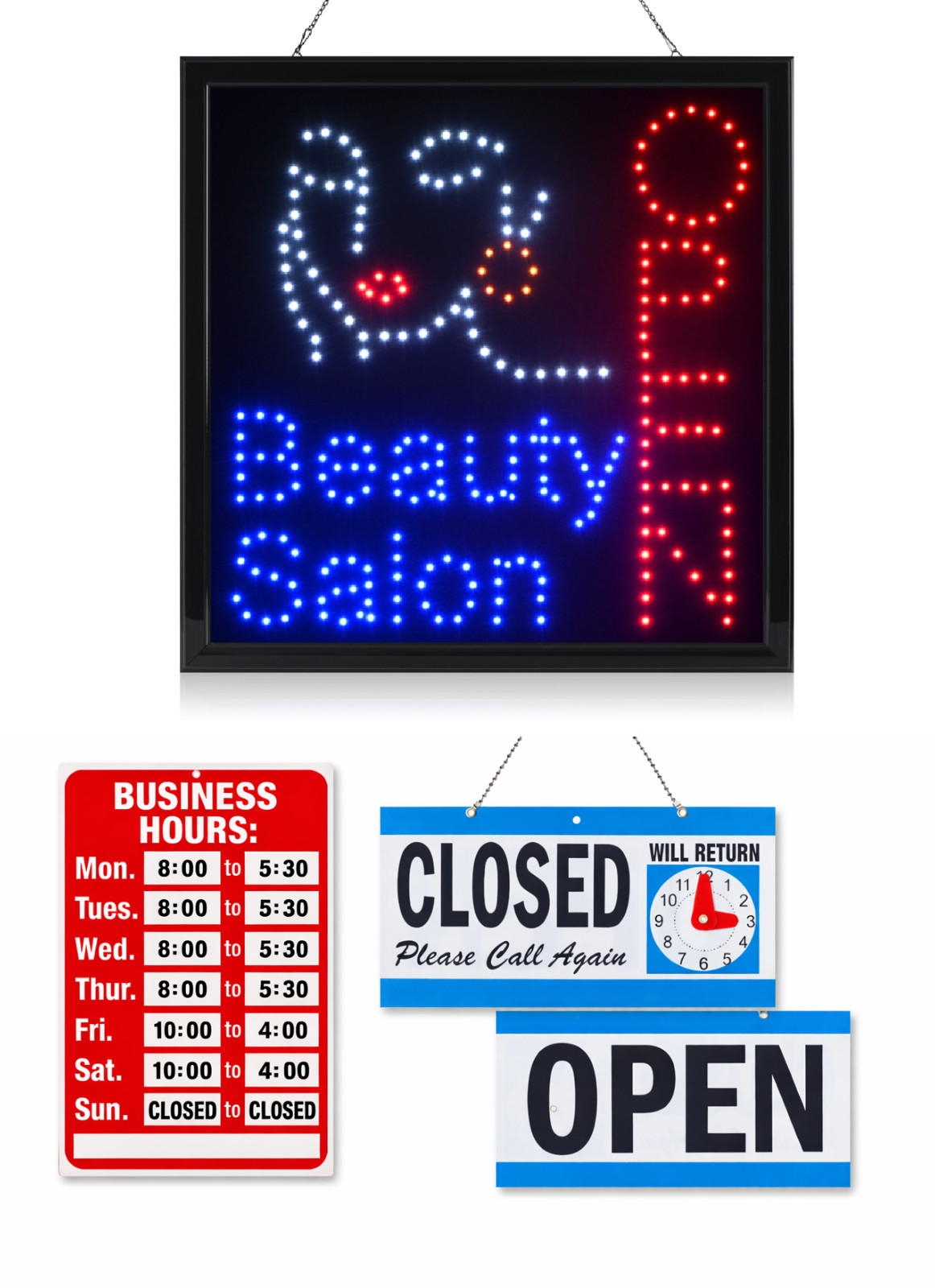 LED Neon Open Sign and Business Hour Sign Bundle for Business – Includes 3 Signs