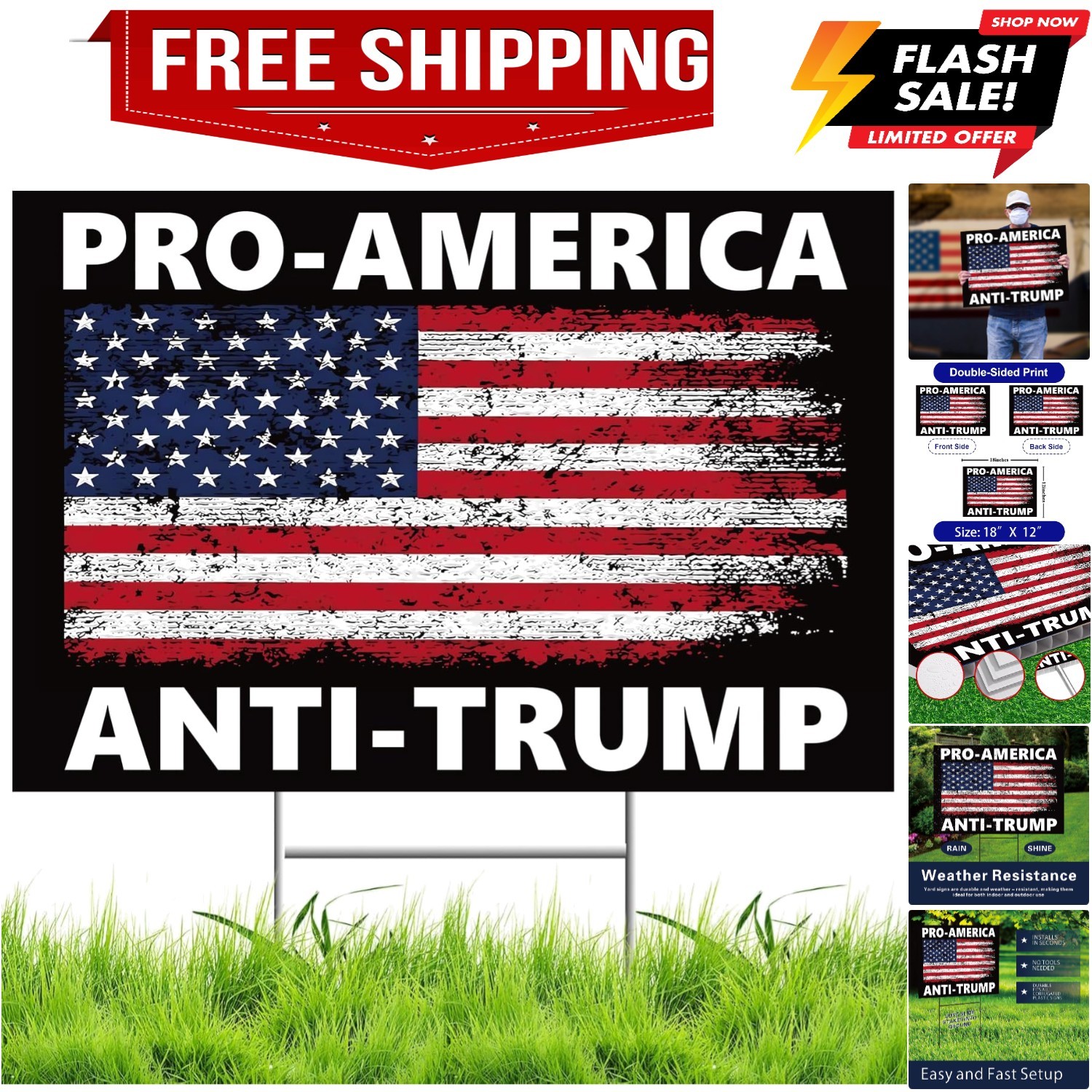 Pro America Anti Trump Yard Sign Double Sided Corrugated Plastic Outdoor Lawn…