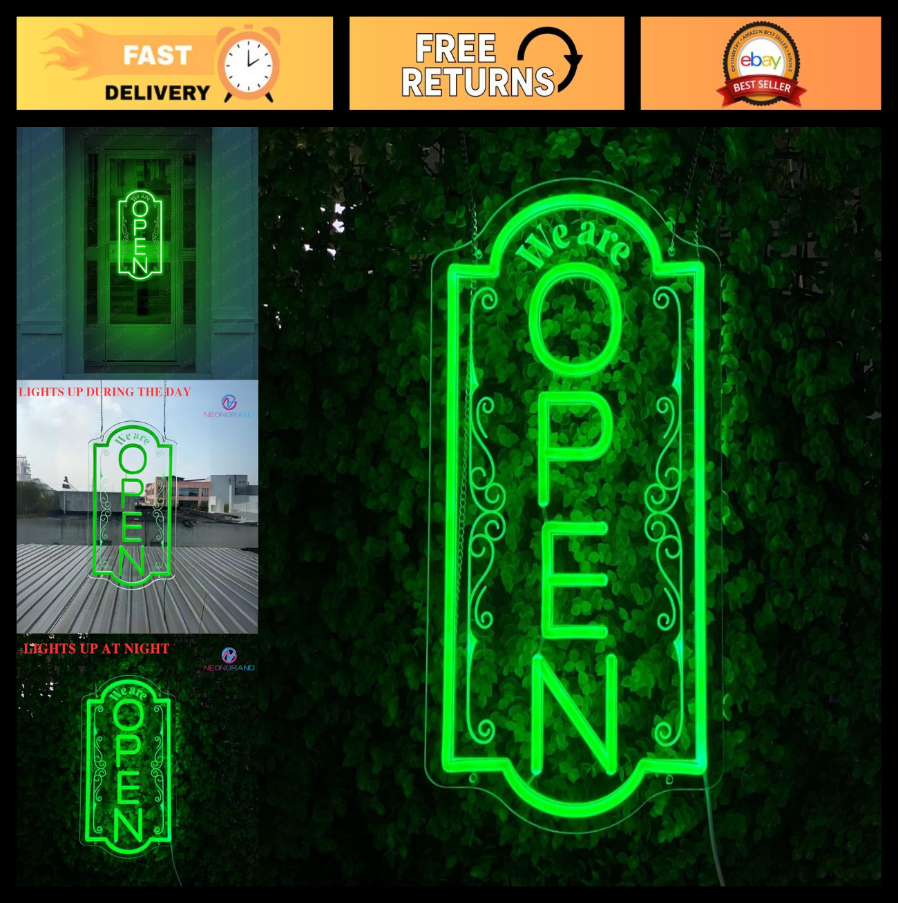 Vertical Open LED Neon Sign for Business – Bright Green Window Light, 16.5×9