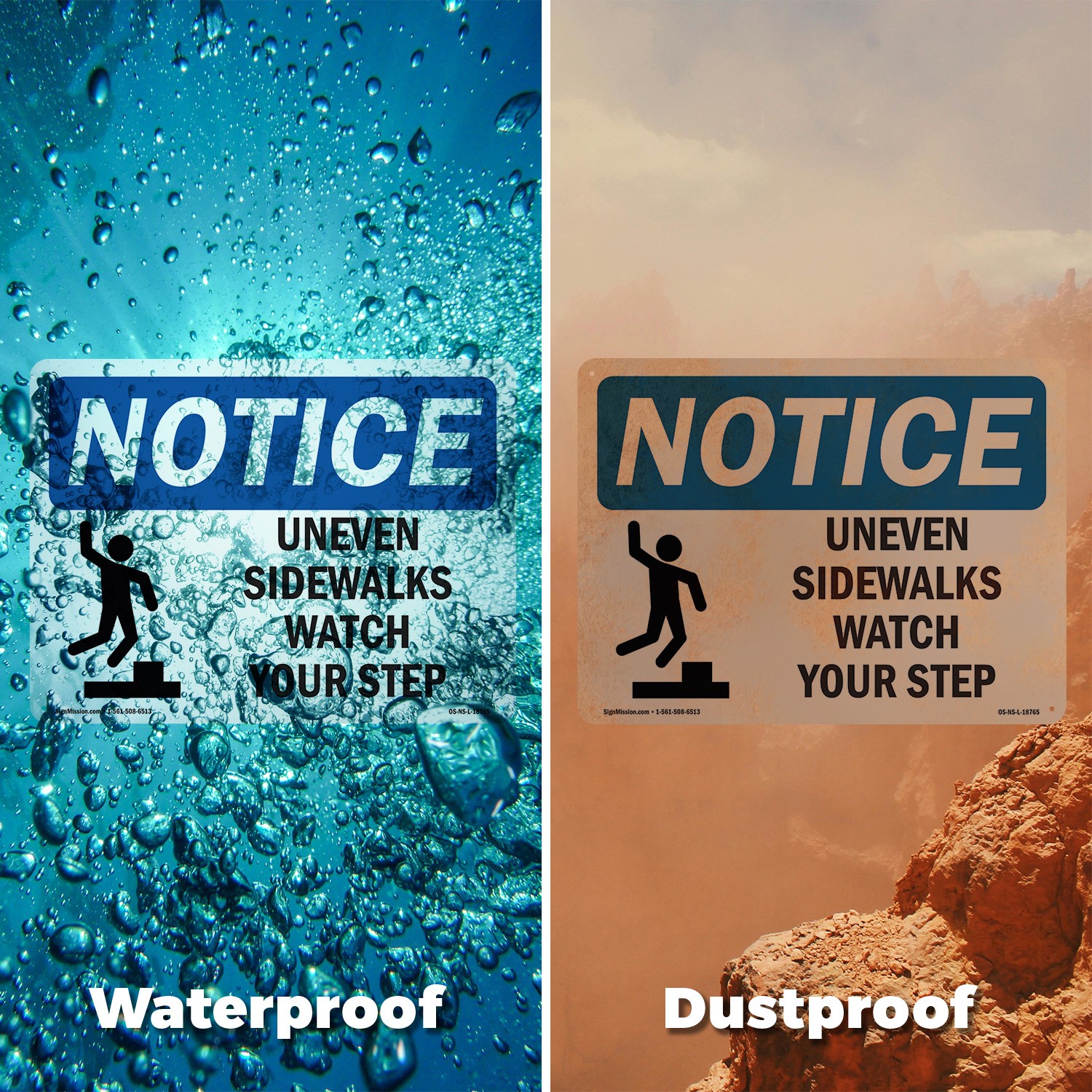 Uneven Sidewalks Watch Your Step OSHA Notice Sign Metal, Decal – 5 or 10 Pack