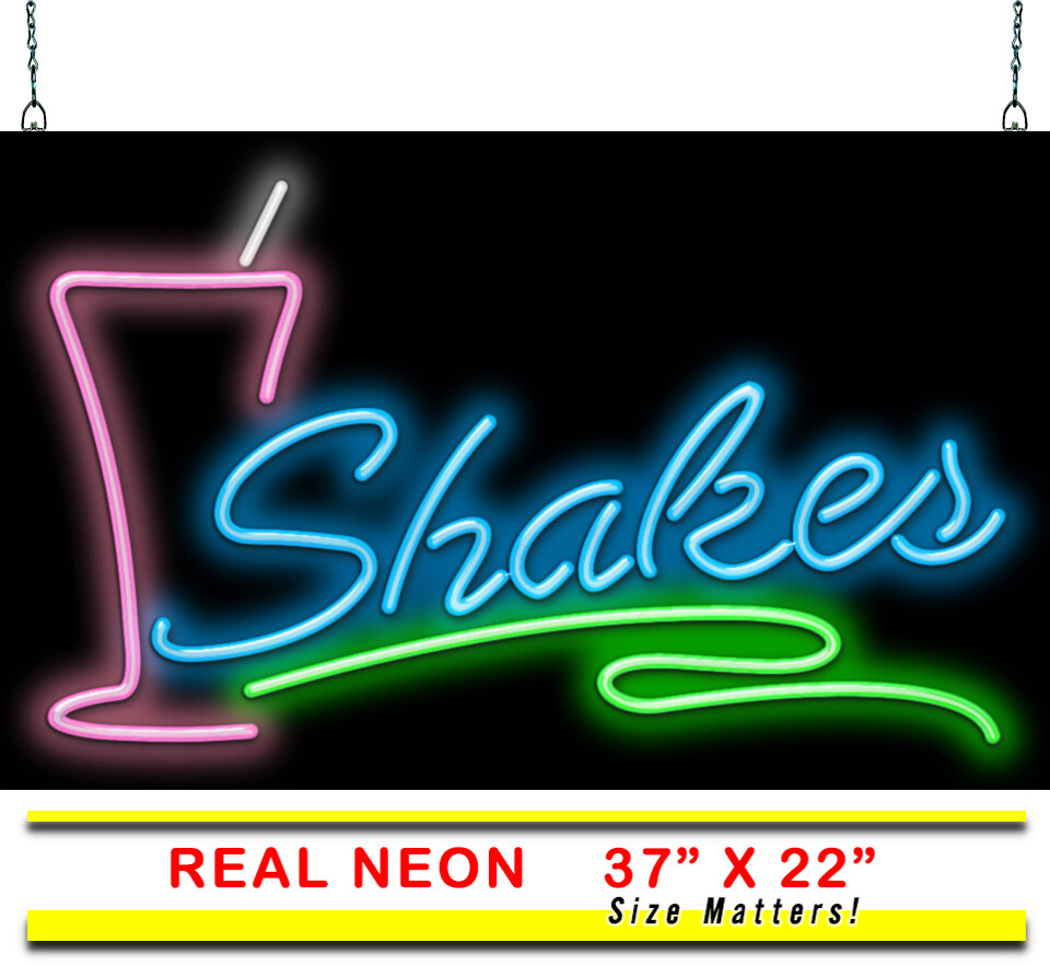 Shakes With Glass Neon Sign Jantec 37″ x 22″ Ice Cream Bar Malt Milkshakes