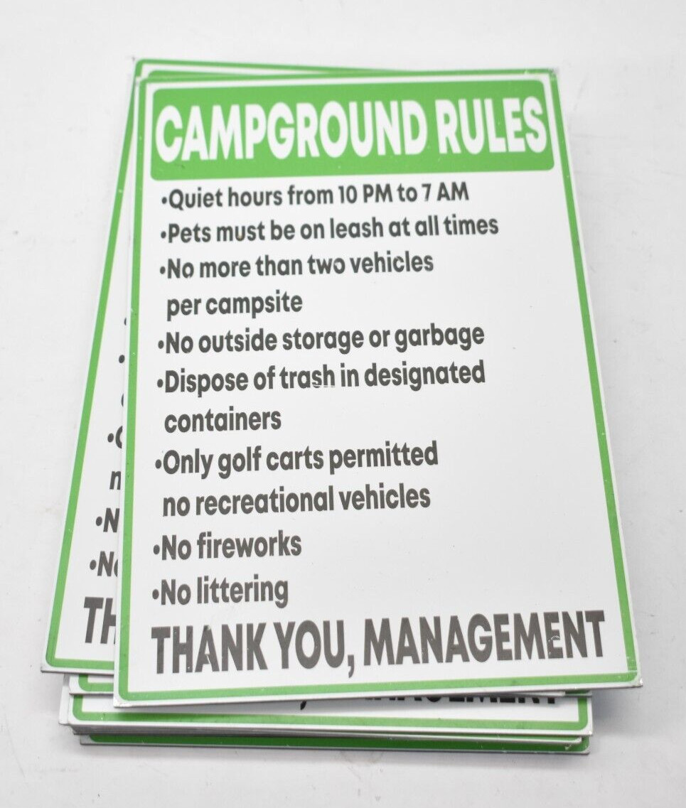 Lot of 11 Campground Rules Signs Green/White Thank You Management 12″ x 8″