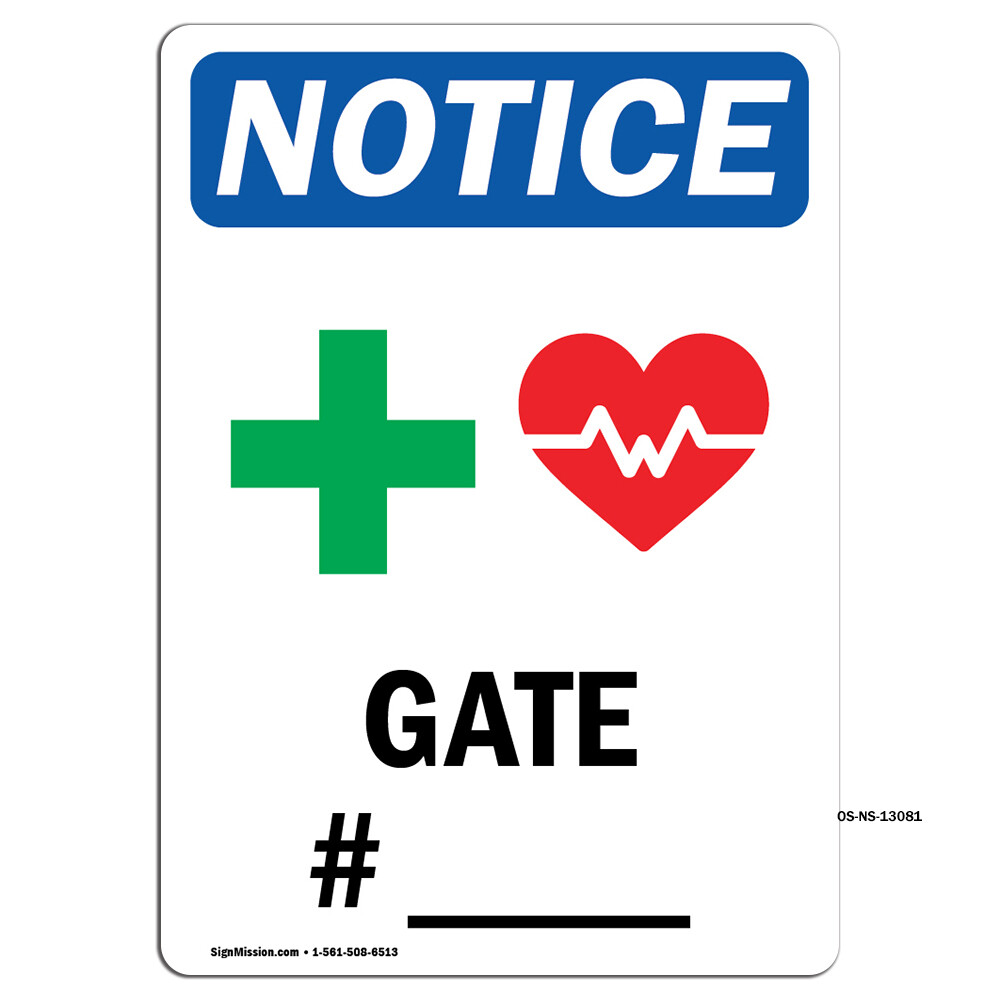 Gate # ____ With Symbol OSHA Notice Sign Metal Plastic Decal