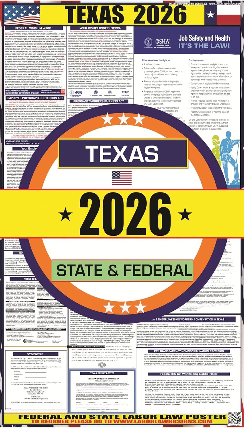 2026 Texas (TX) Labor Law Poster OSHA Federal State Laminated English