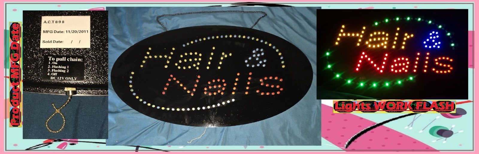LED Hair & Nails Flashing Light-Up 27″ X 15″ AC Powered Hanging Window Sign