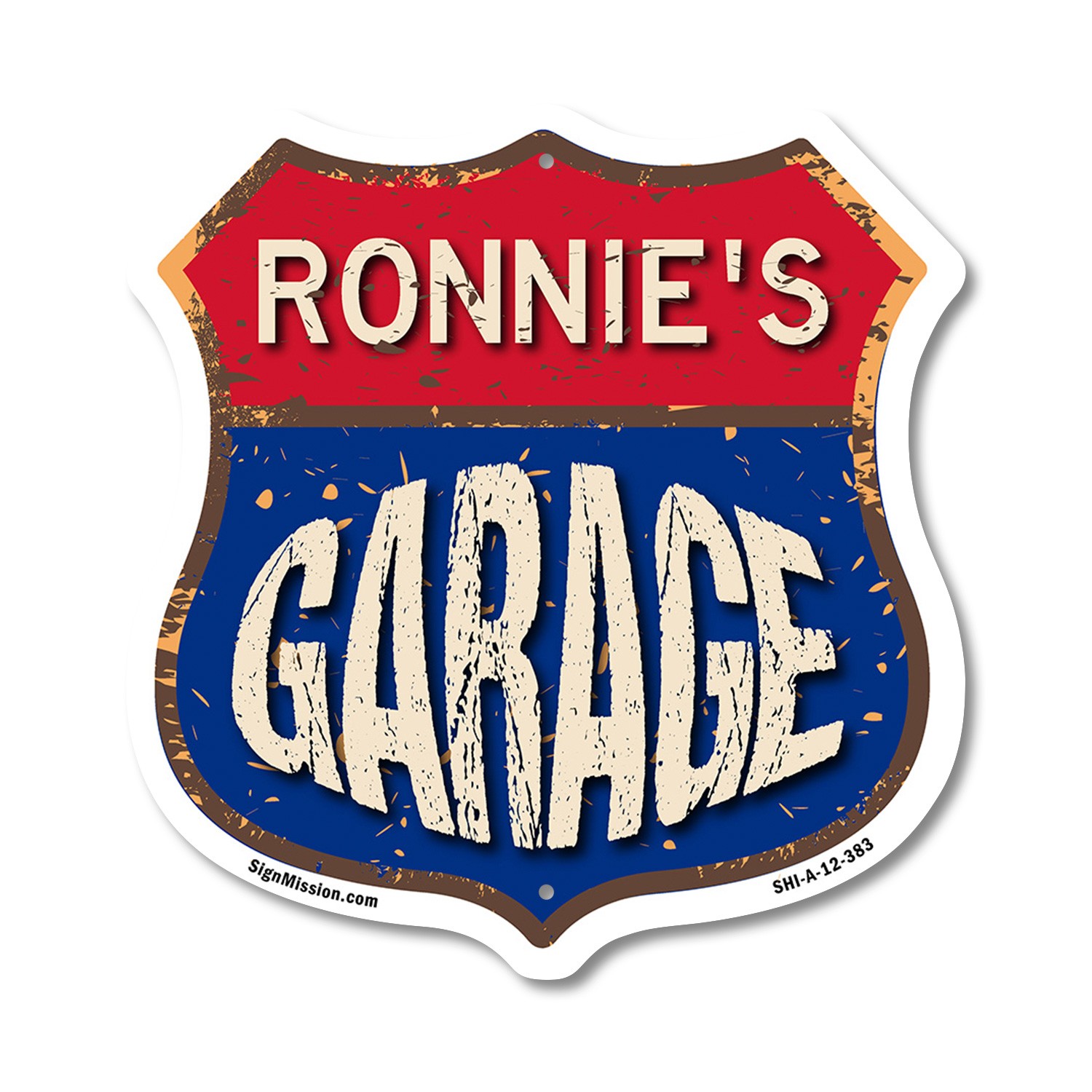 Ronnie’s Garage Shield Shaped Sign Weather Resistant Crafted in the USA