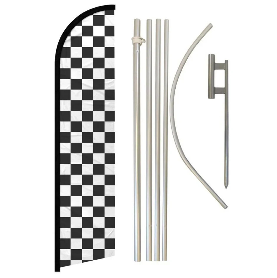 Black & White Windless Full Curve Advertising Checkered Banner Flag & Pole Kit
