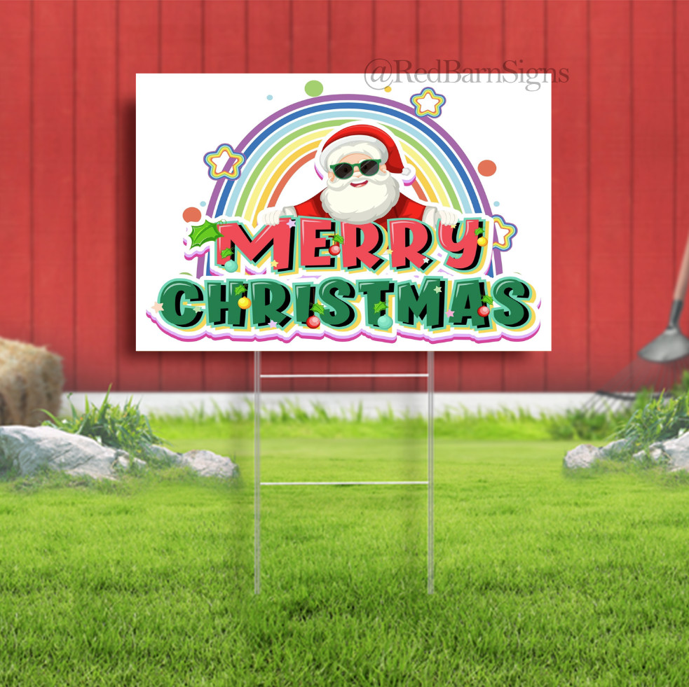 Merry Christmas banner with Santa Claus and rainbow Lawn Yard Sign Single-Sided