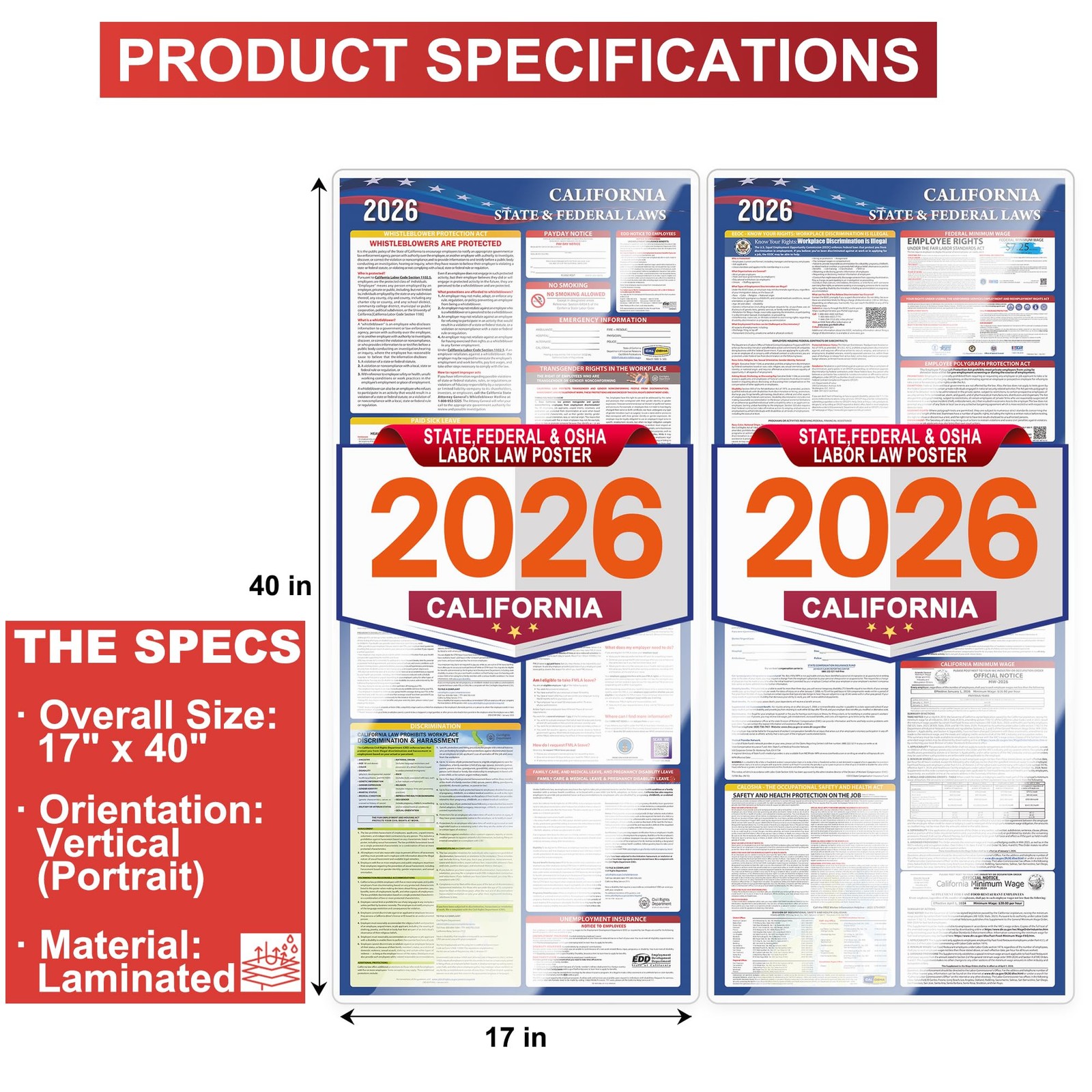 2026 California State and Federal Labor Laws Poster Set- OSHA Compliant UV Wa…