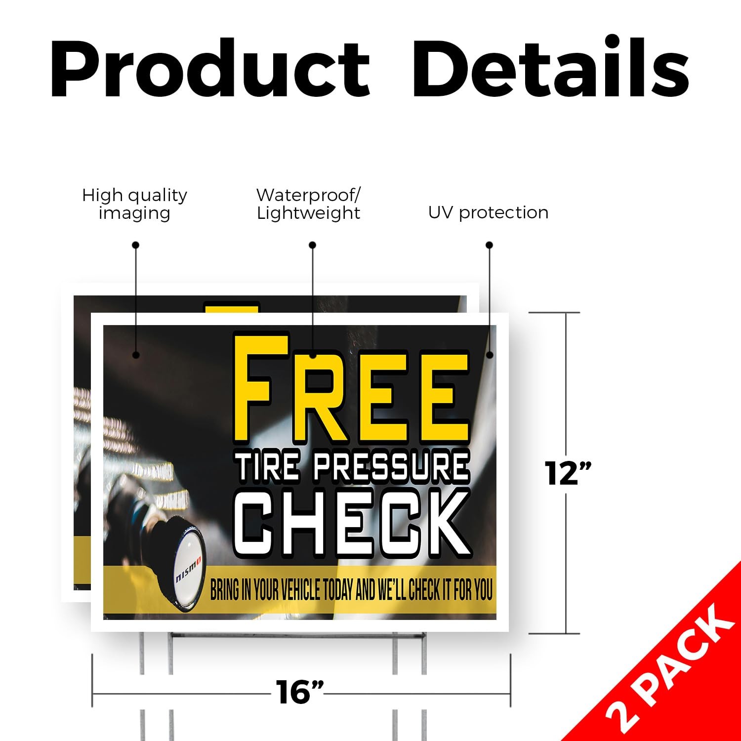 Free Tire Pressure Check Yard Sign 2 Pack of 12 Inch x 16 Inch Double Sided W…