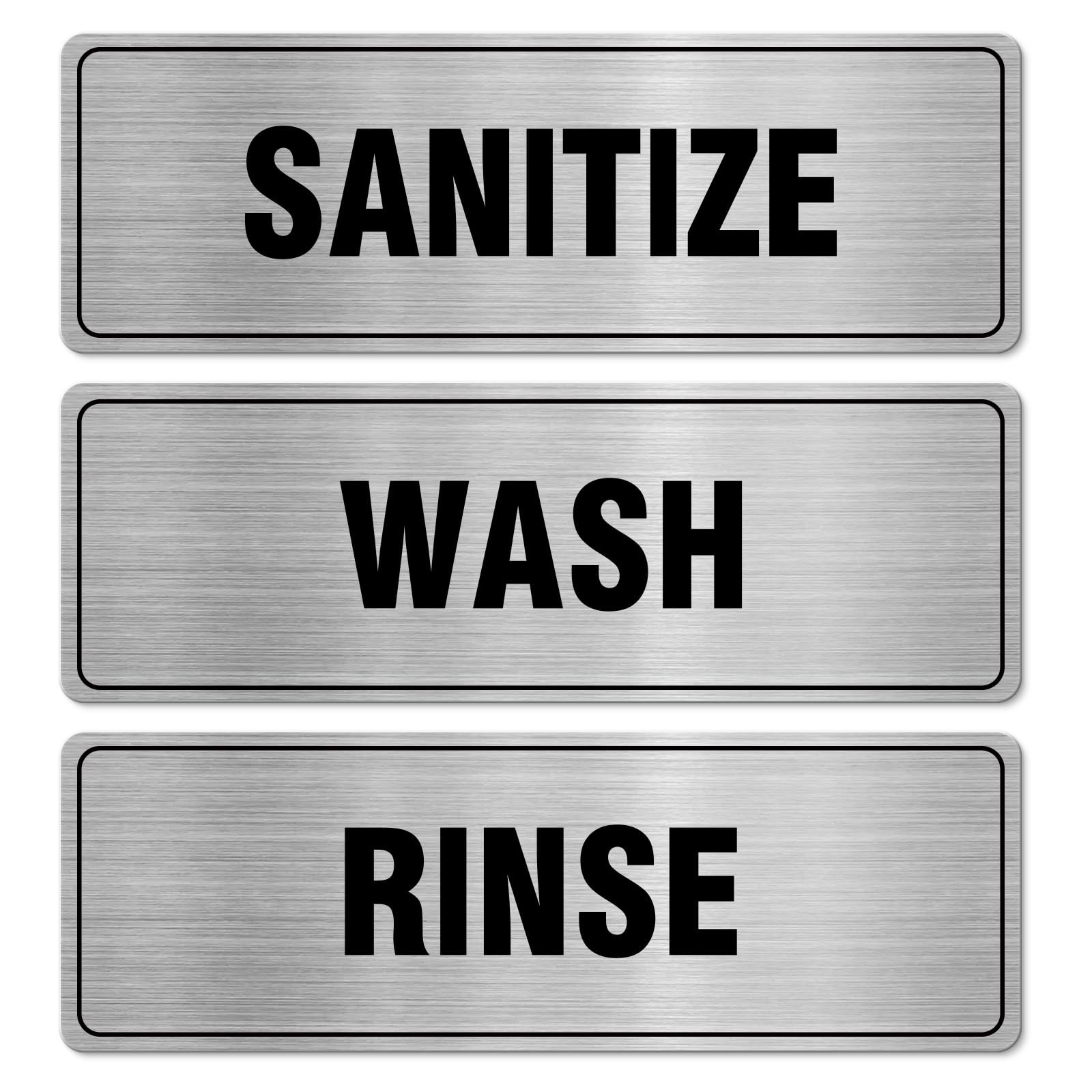 Wash Rinse Sanitize Sign Aluminum Silver 9 x 3 Inches Self-Adhesive Waterproo…