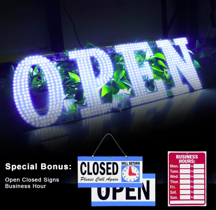 30″X10″ Large LED Open Signs for Business Super Bright Unique Design White Open