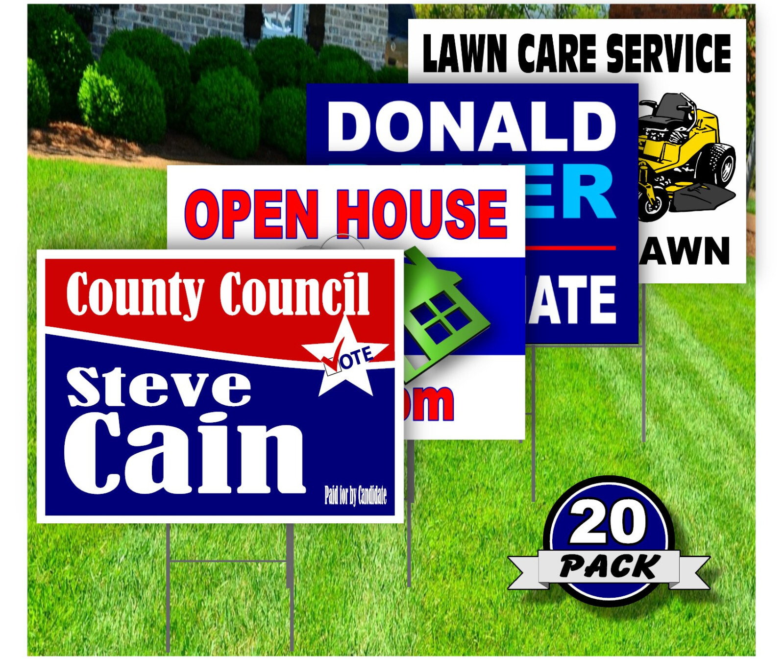 20 Pack – Custom Yard Signs-18×24-Full Color Design-2 Sides-Stakes Optional