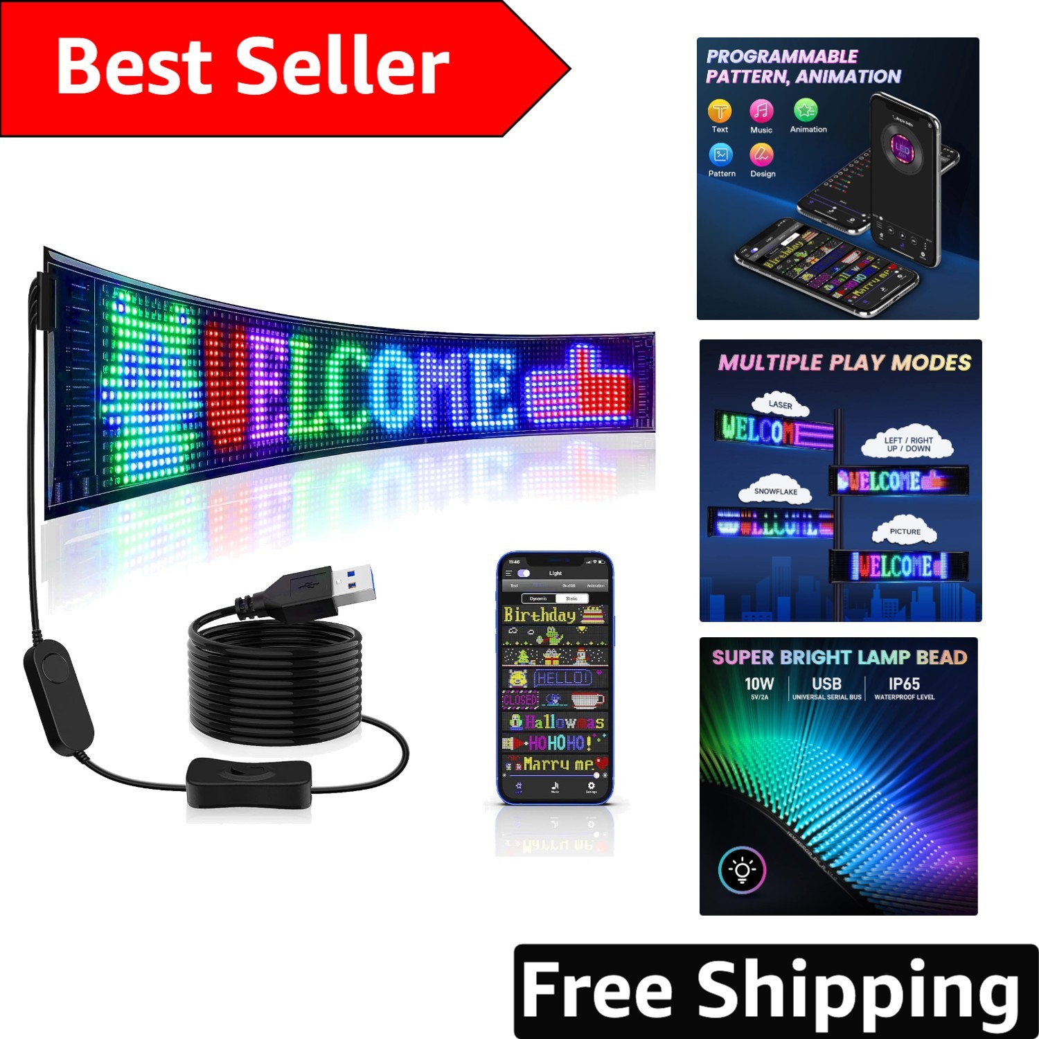 Bright 27”x5” LED Store Sign – App-Controlled Programmable Animation Display