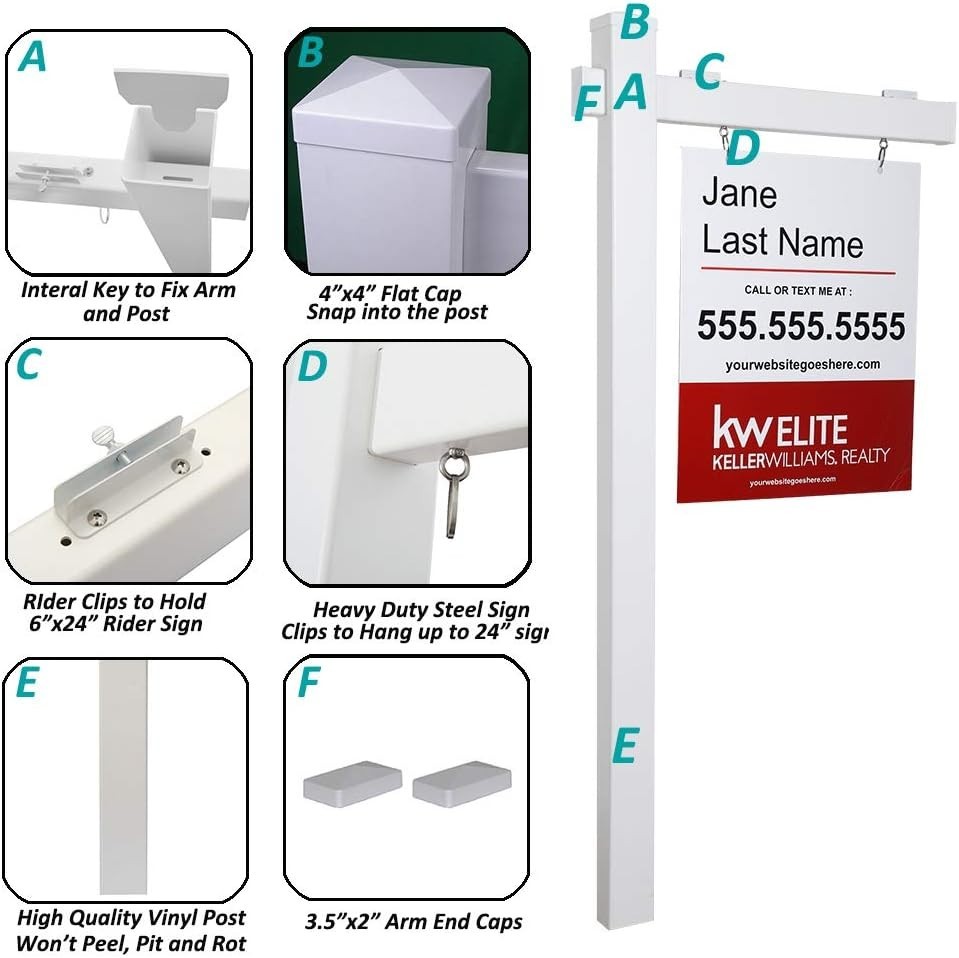 Real Estate Yard Sign Post 72 Inch White Vinyl with Easy Setup Components
