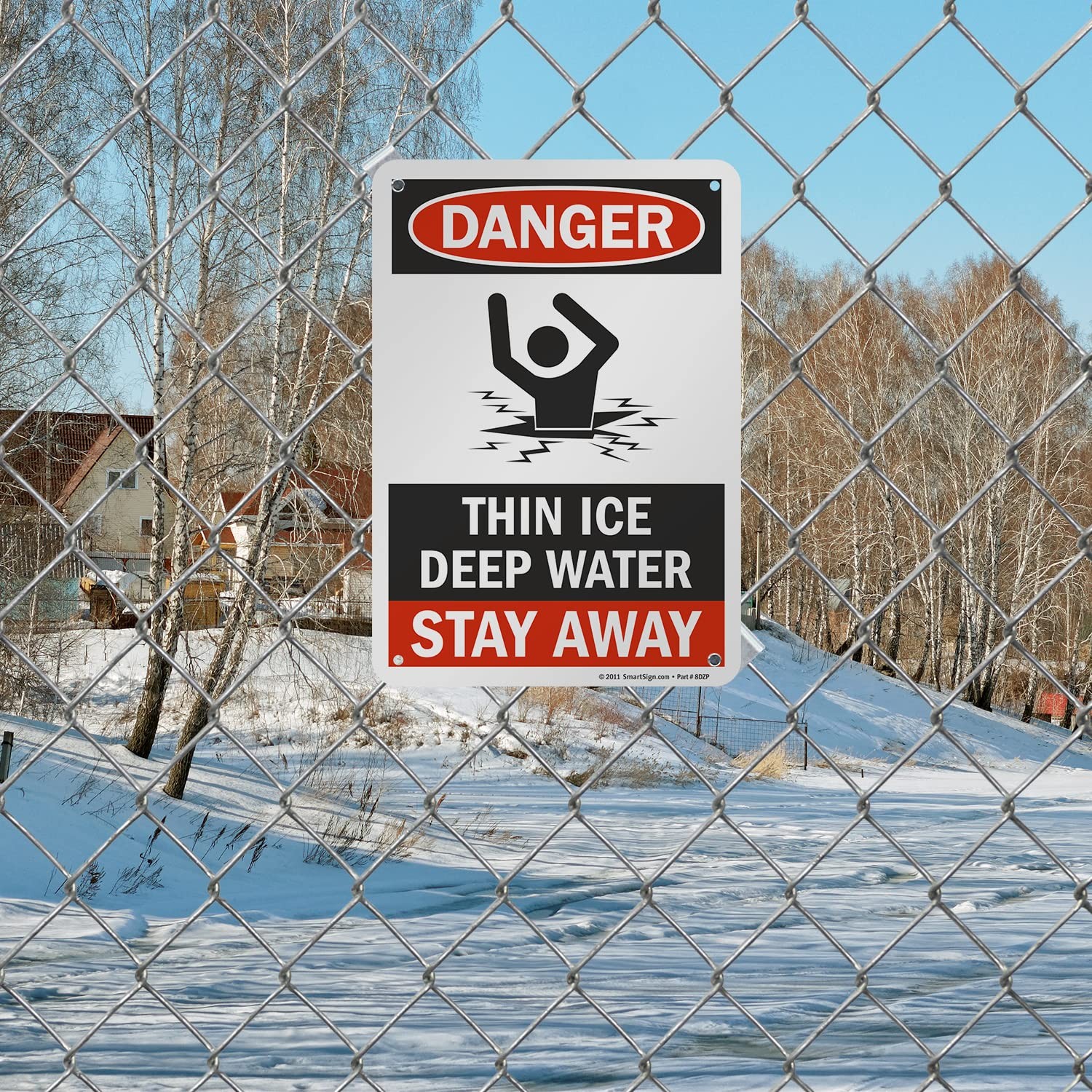 Danger Thin Ice Deep Water Stay Away Sign 10×7 Durable Aluminum Safety Sign