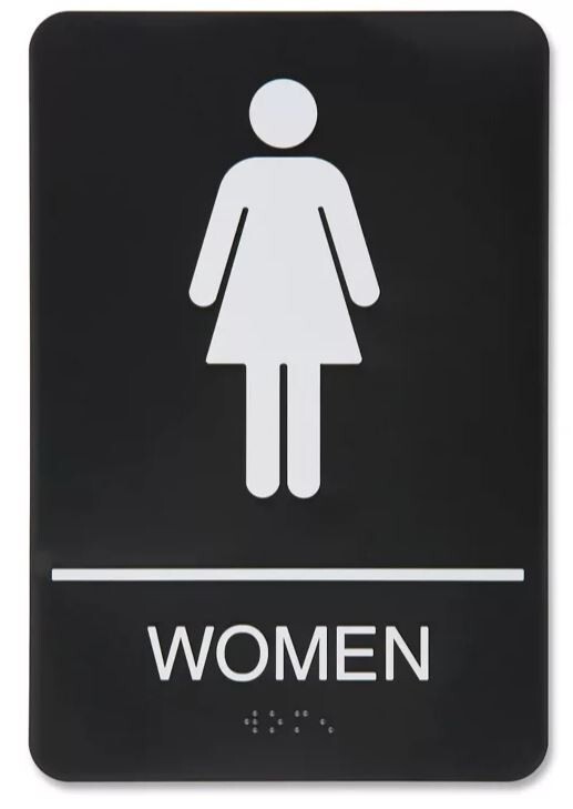 ADA Women Restroom Sign Braille Self Adhesive 9″ x 6″ White on Black S-14805BL