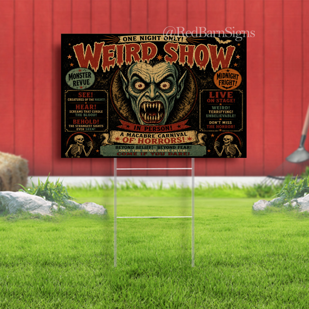Weird Show Halloween Spooky Horror Indoor Outdoor Yard Sign with metal stakes