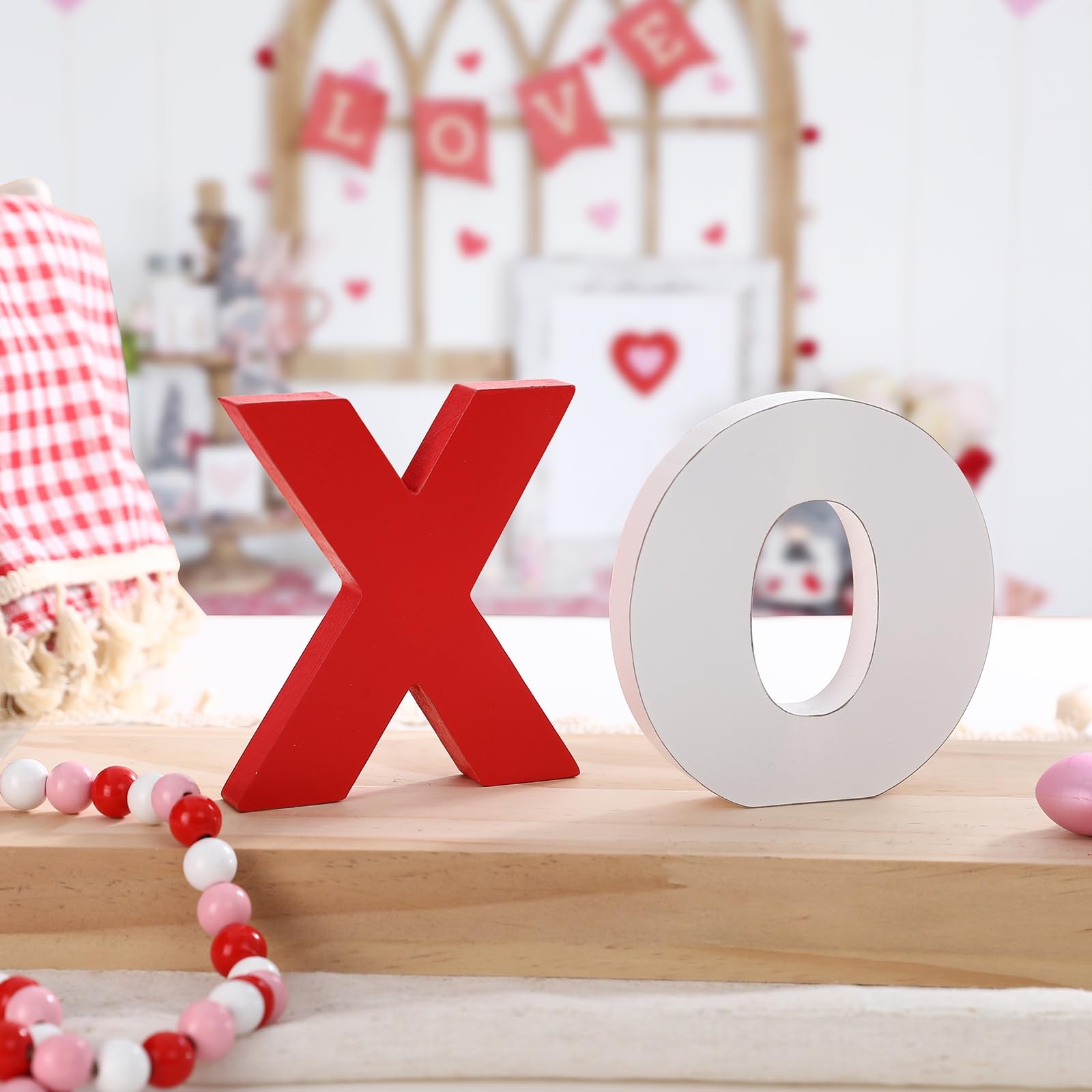 Wooden XOXO Tabletop Sign White Red Valentines Decor Mantel Fireplace Party