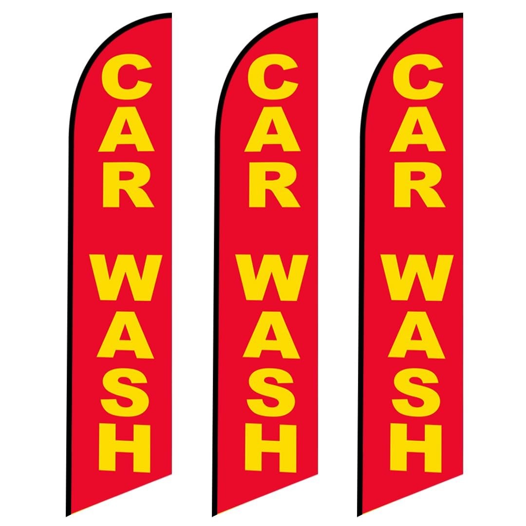 3 (three) Tall Swooper Full Sleeve Flags of Car Wash Red with YellowText for…