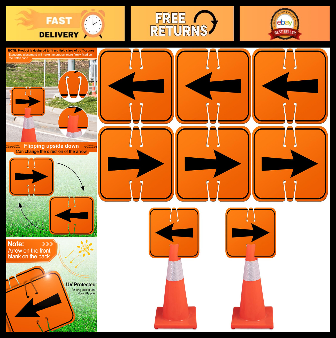 6 Pcs Reversible Traffic Arrow Signs 12.6″x10.4″ – Orange Detour Directional War