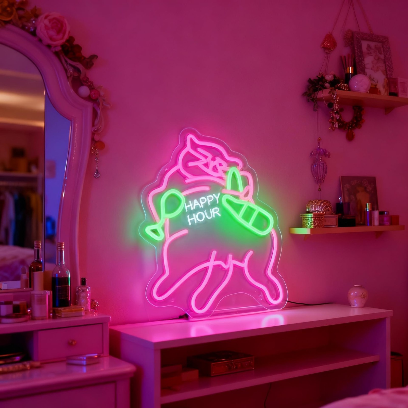 Happy Hour Pink Cat Neon Sign for Wall Decor Light Up Letters Business Led Si…