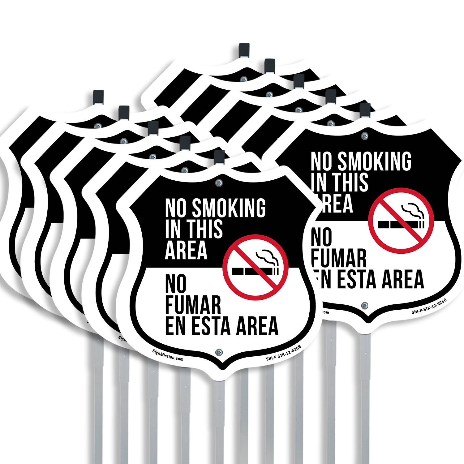 No Smoking In This Area Bilingual English Spanish Shield Shaped Sign With Stake