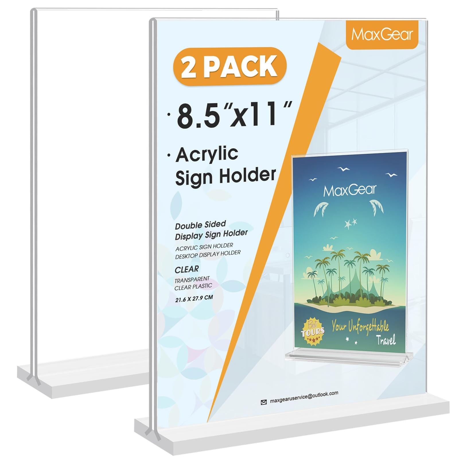 MaxGear Acrylic Sign Holder 8.5×11 Inches 2 Pack, Double 8.5”x11”, Clear
