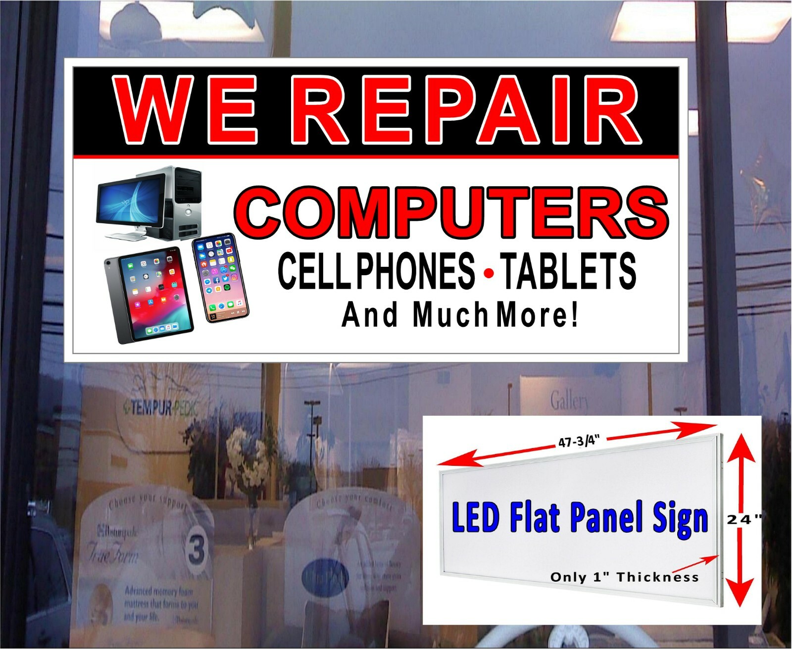 We repair Computers Cell phones Tablets & More LED Light box window sign 48″x24″