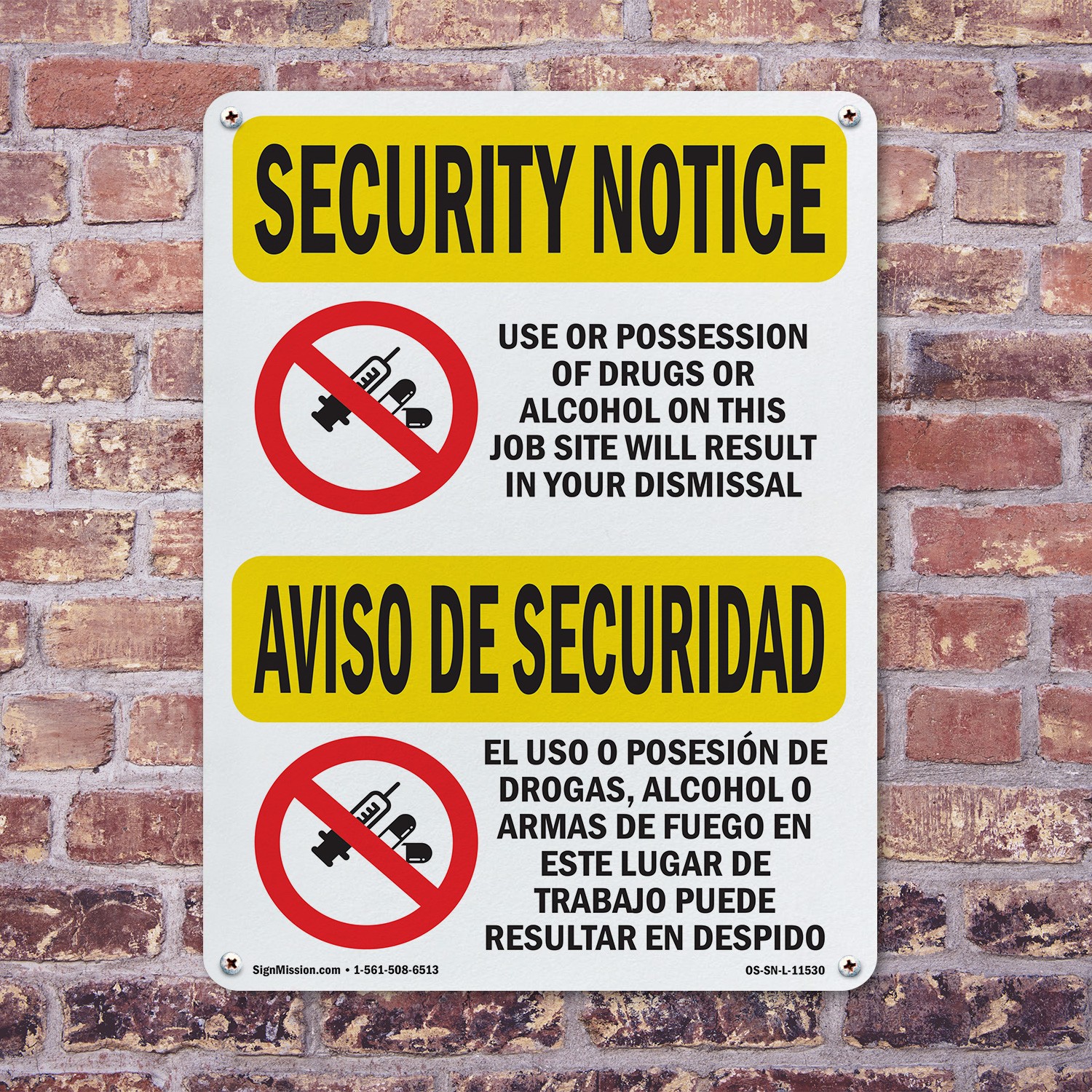 Drugs Or Alcohol Dismiss Bilingual OSHA Security Notice Sign, Decal 5 or 10 Pack