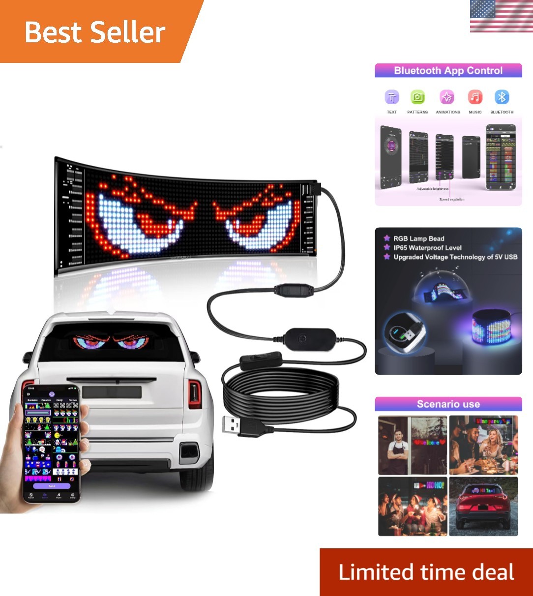 Programmable LED Car Sign with Bluetooth Control – 15″ x 4″ for Custom Displays