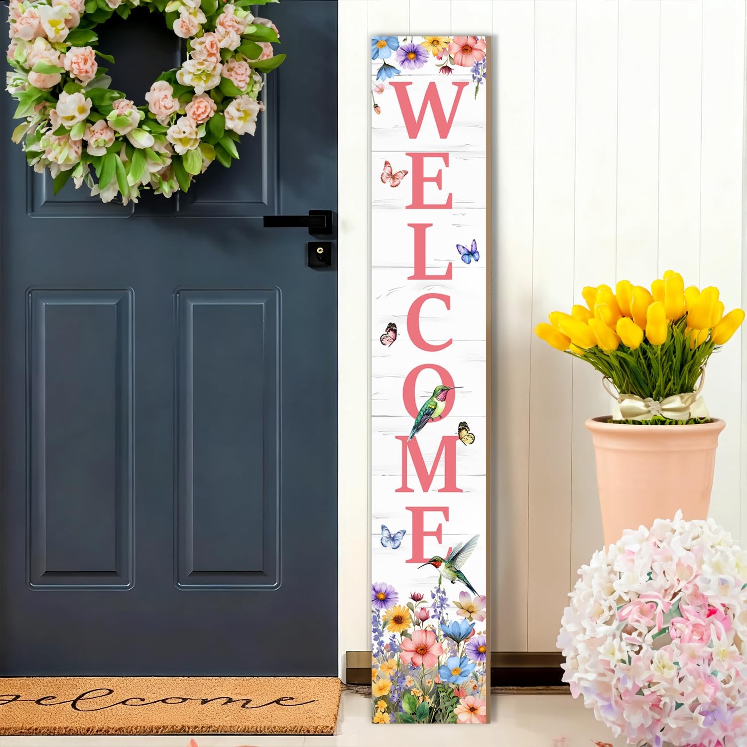 Hummingbird Welcome Sign for Front Door, Spring Porch Sign Tulip Flowers Outdoor