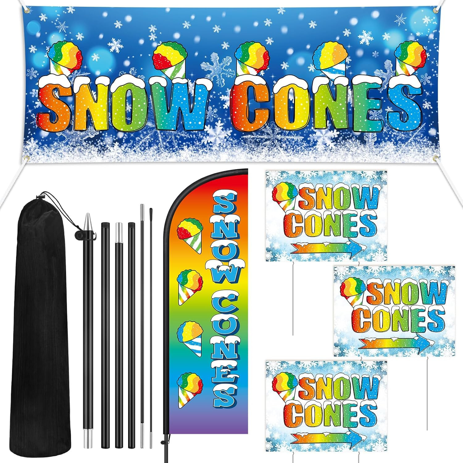 5 Pcs Snow Cones Decor Cool Snow Cones Swooper Feather Flag with Pole Kit and Ya