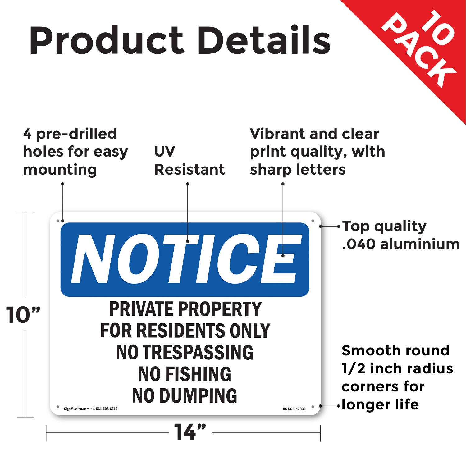 Private Property For Residents Only No Trespassing OSHA Notice Sign 5/10 Pack