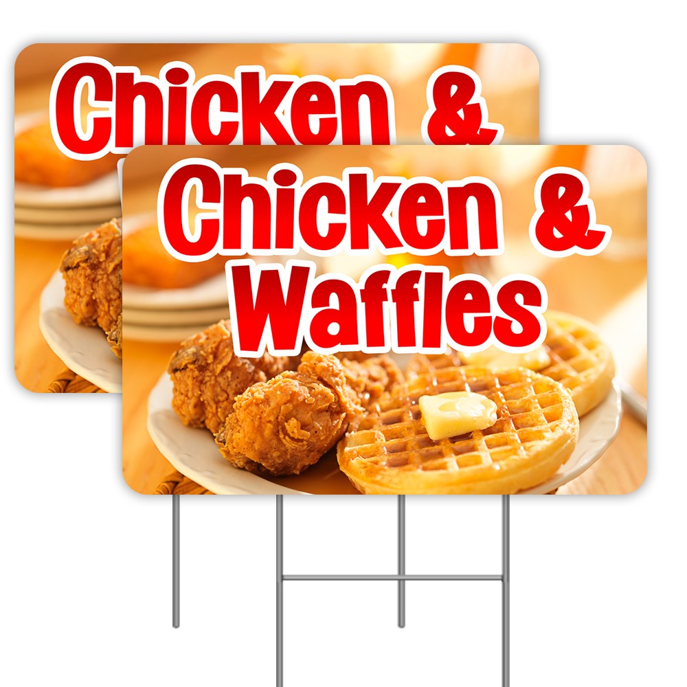 Chicken & Waffles 2 Pack Double-Sided Yard Signs 16″ x 24″ with Metal Stakes (Ma