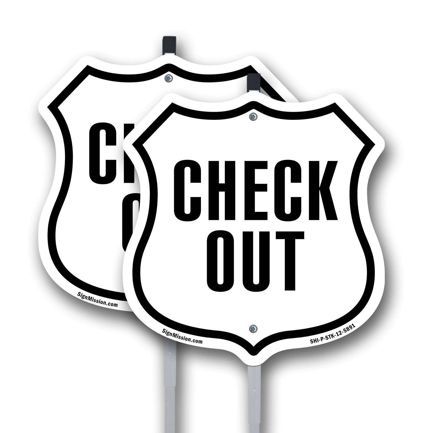 Check-Out Shield Shaped Sign With Stake Weather Resistant Crafted in the USA