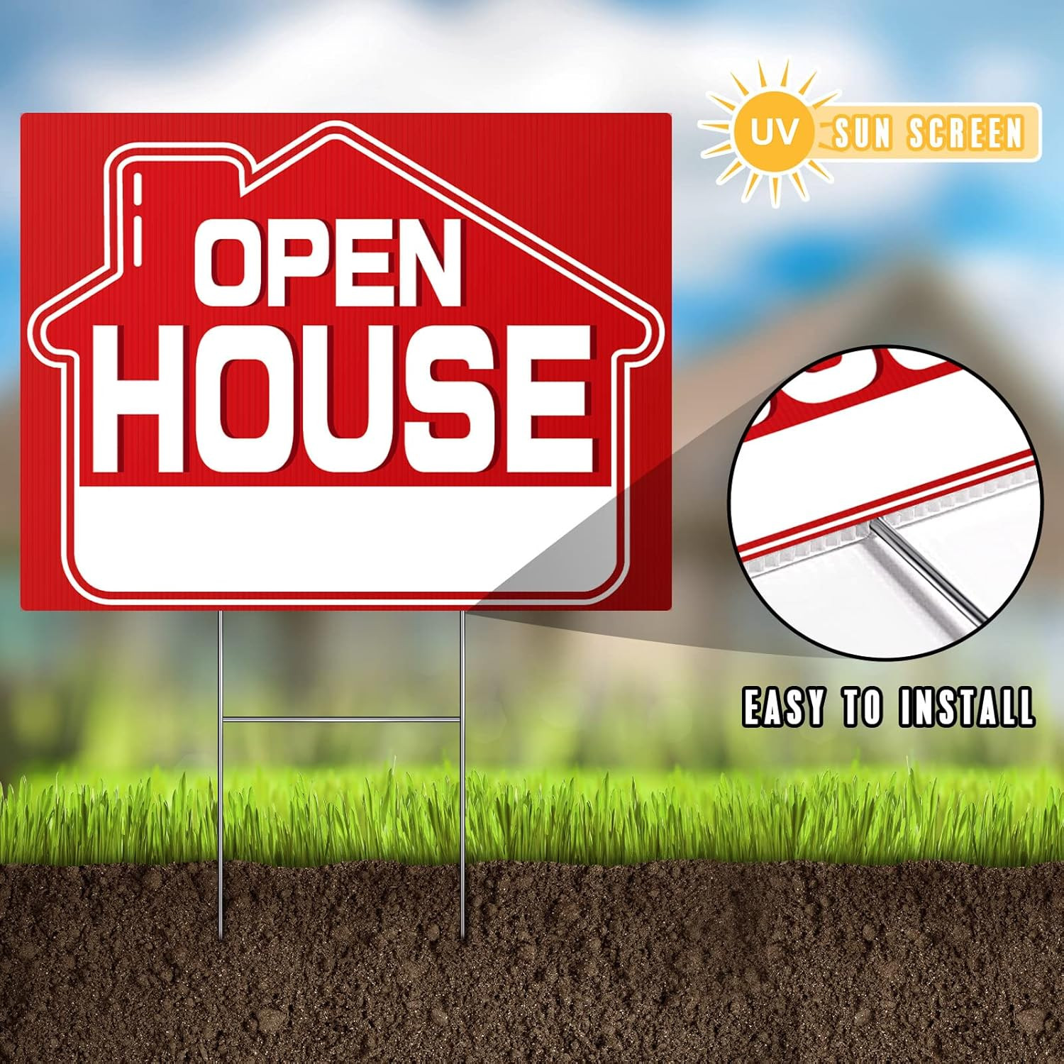 Open House Signs (5 Pack), 16″ X 12″ Double-Sided Yard Sign with Metal H Stakes,