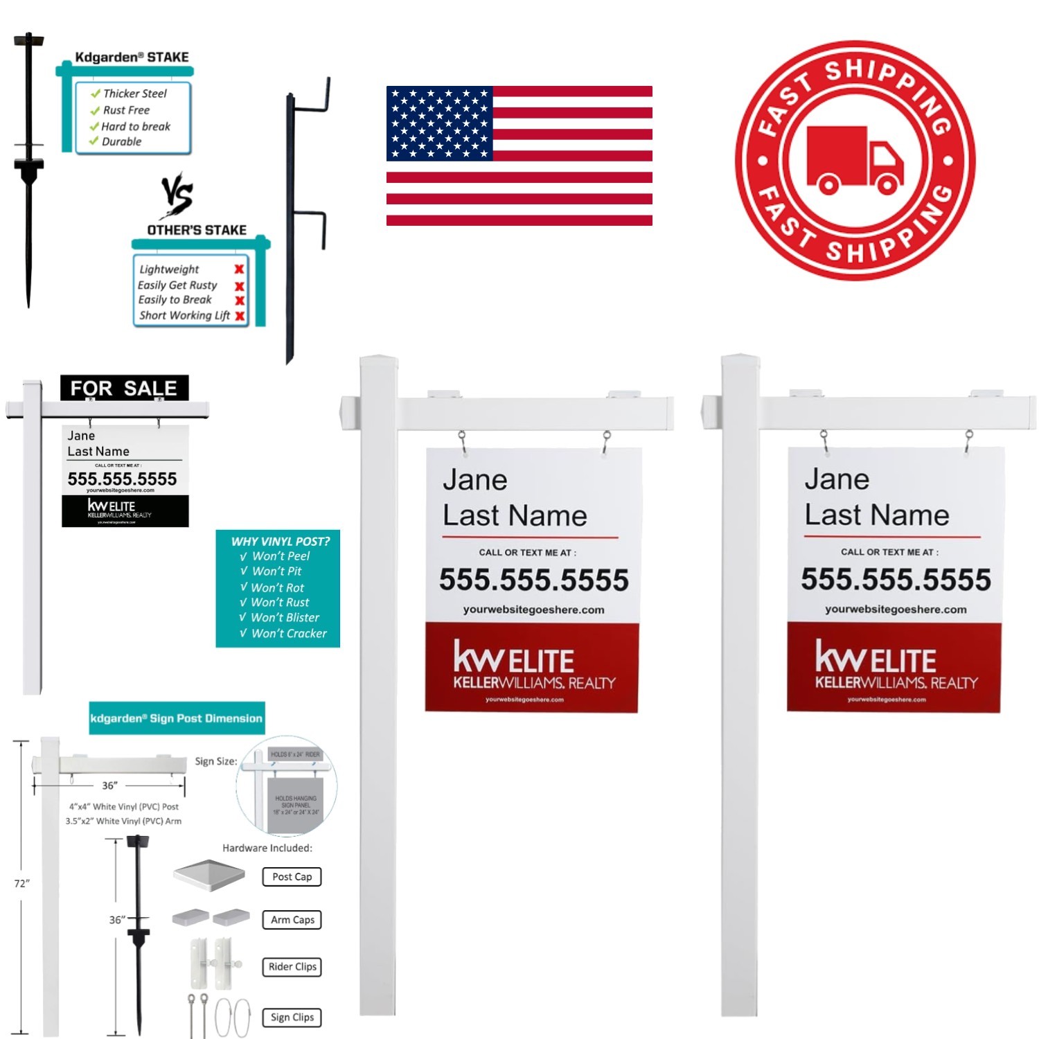Realtor Yard Sign Post 72 Inch Tall Vinyl PVC Durable with Heavy Duty Stake