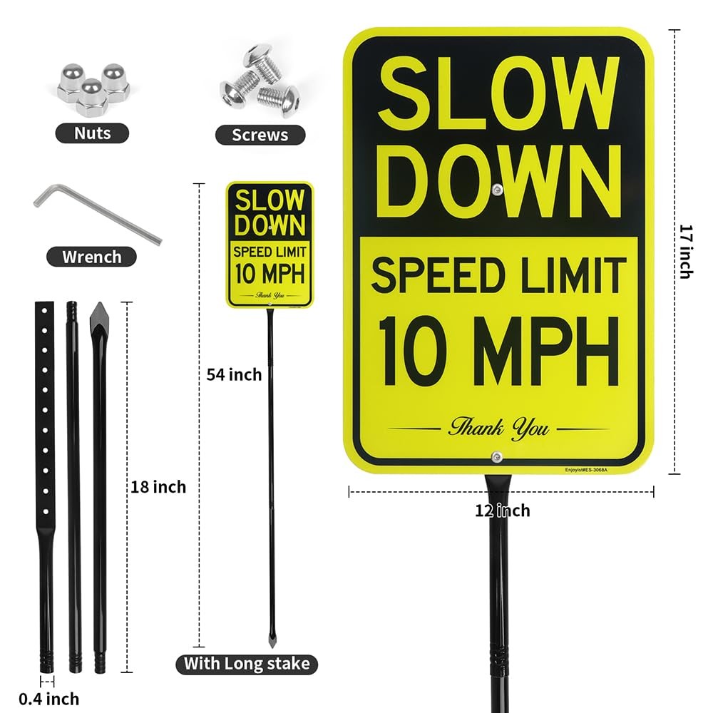 Large Slow Down Speed Limit 10 MPH Sign With 54 Inch Metal Stake 17×12 Tool