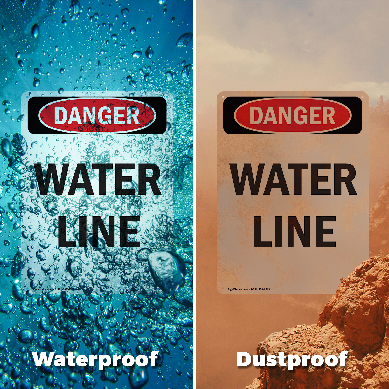 (2 Pack) Portrait Water Line OSHA Danger Sign Decal Metal Plastic