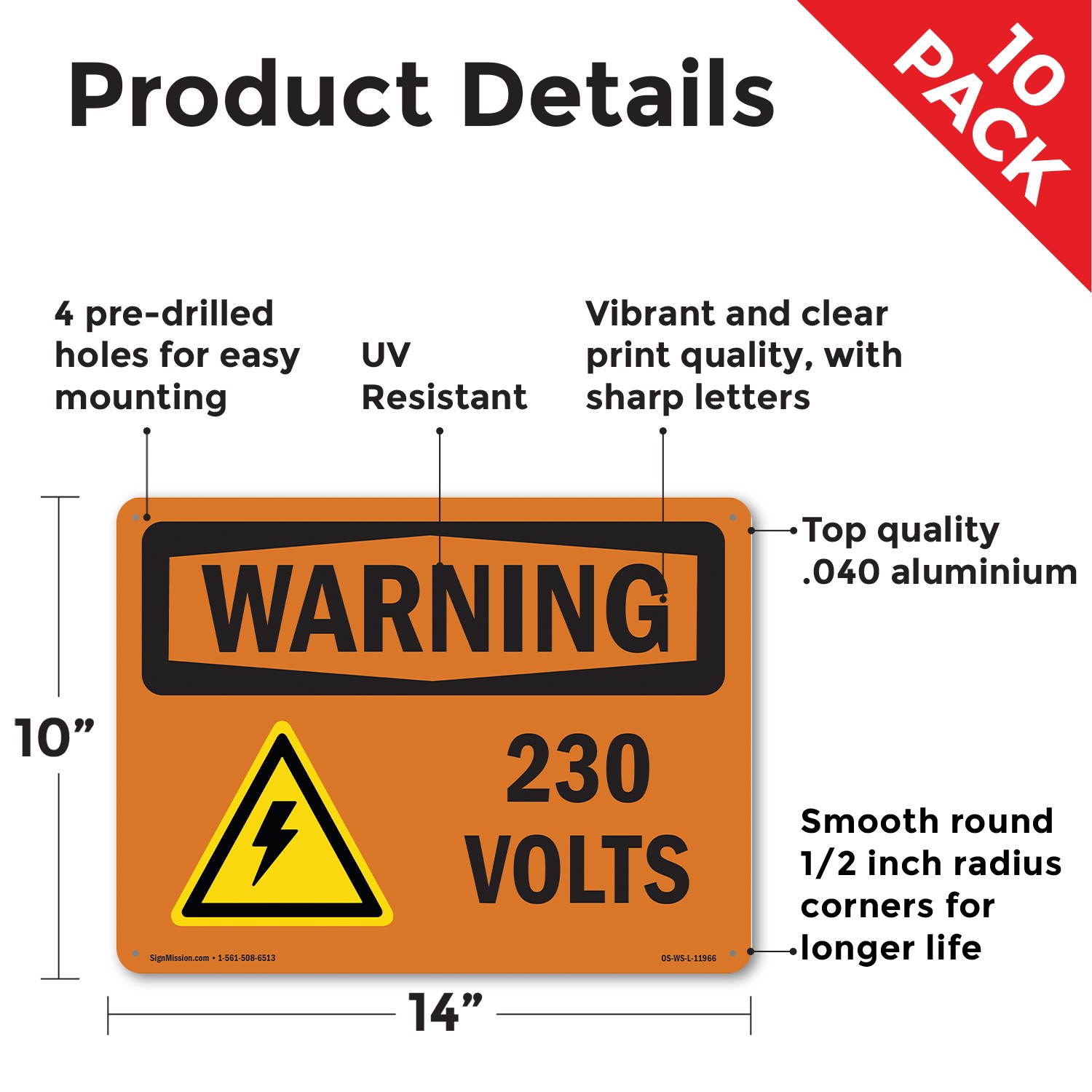 230 Volts With Symbol OSHA WARNING Sign Metal, Plastic, Or Decal – 5 or 10 Pack