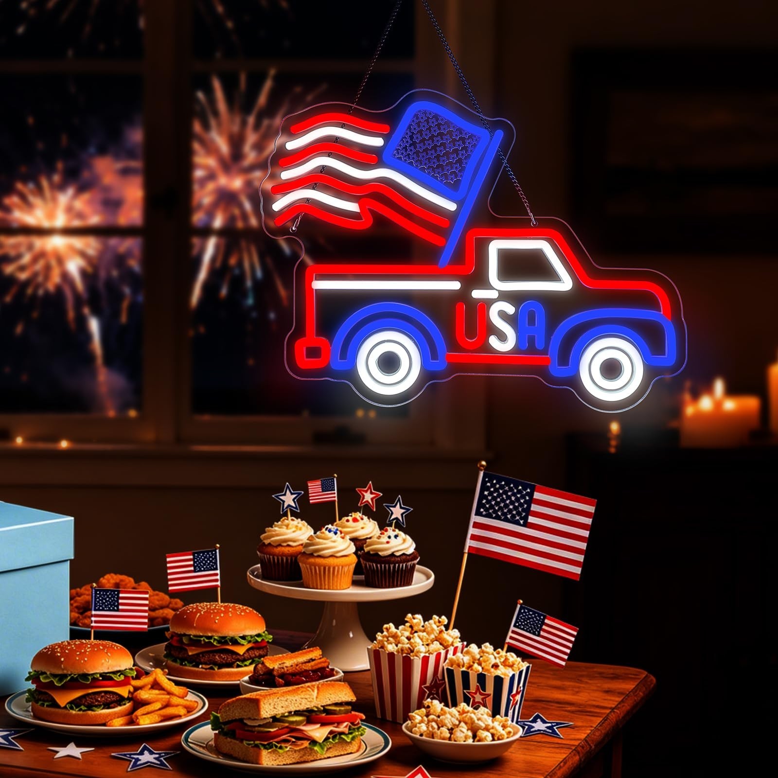Patriotic Truck Neon Sign with American Flag,USA Truck LED Neon Light for Wal…
