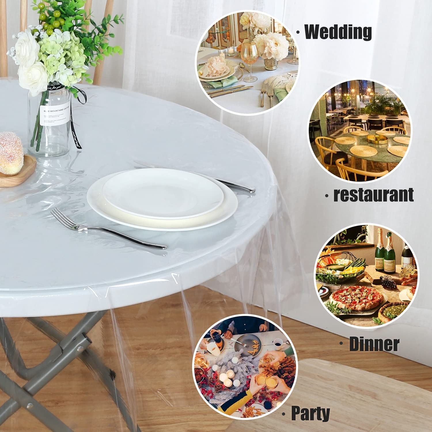Round 60 Inch Clear Tablecloth PVC Waterproof Oil Spill Proof Table Cover Dining